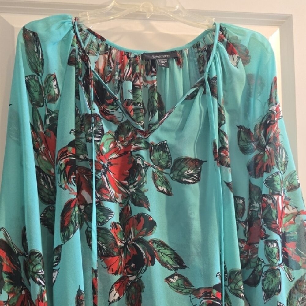 Karen Kane Teal and Red Floral Blouse